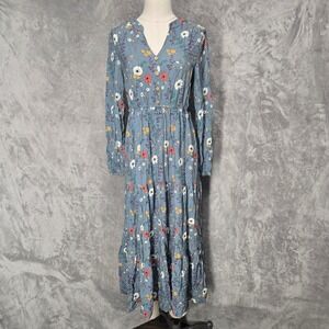 Emery Rose Blue Floral Tiered Maxi Dress Women L V-Neck Boho Cottagecore Peasant